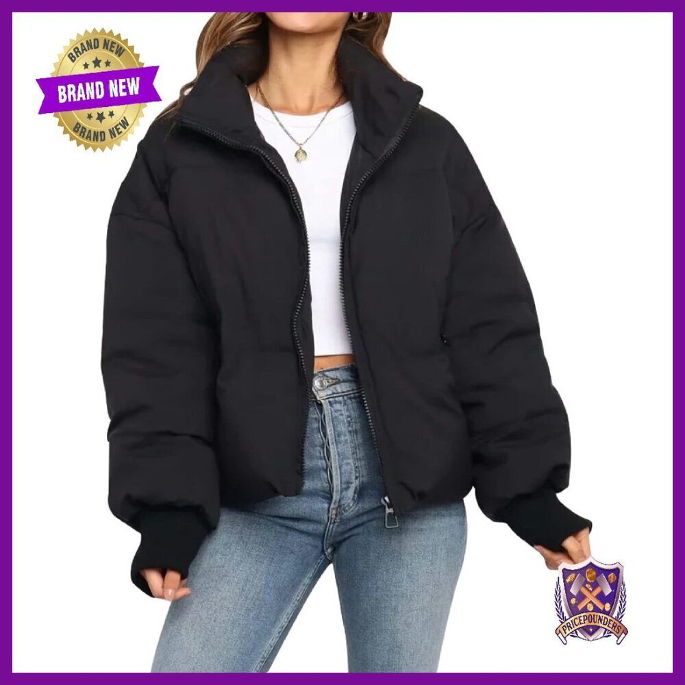 Cropped Puffer Jacket Winter Warm Quilted Coat with Pockets